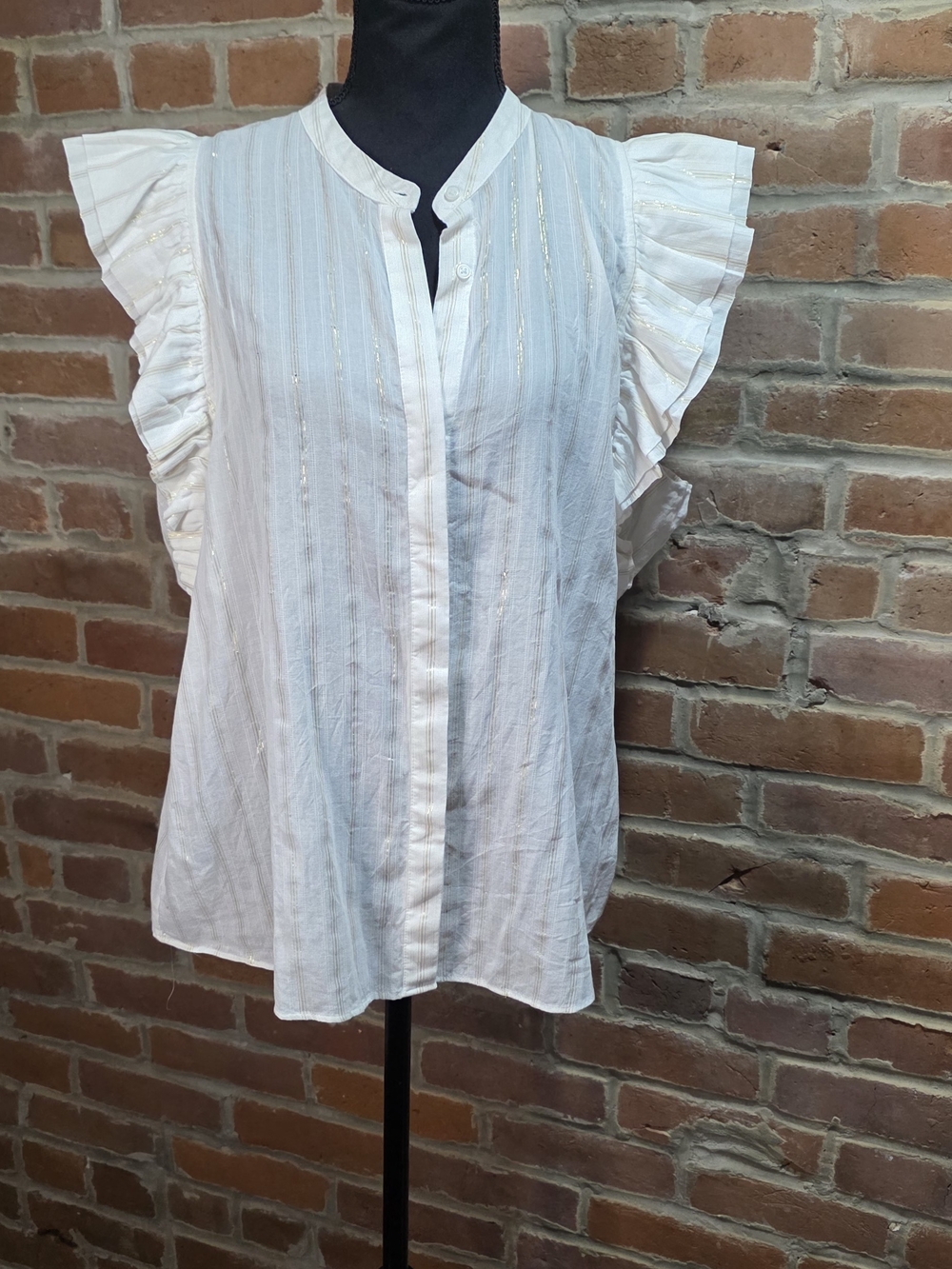 Express Gramercy White Gold Metallic Striped Ruffle Sleeve Blouse XL